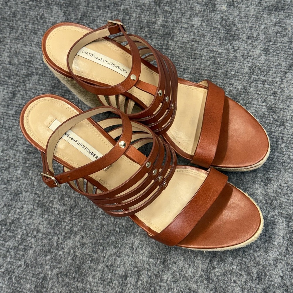 Diane Von Furstenberg Sandals Womens 9.5 Brown GABBY Leather Espadrille Wedge - Picture 8 of 13